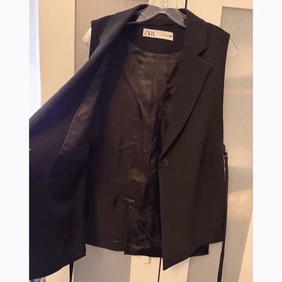 Zara Black Sleeveless Blazer Vest Open Sides Adjustable Size S - Picture 5 of 9